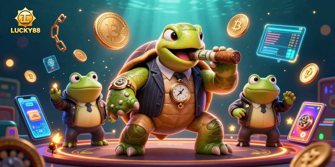 Experience LUCKY88: a dynamic casino scene with a snapping turtle and frog enforcers amidst neon crypto coins.