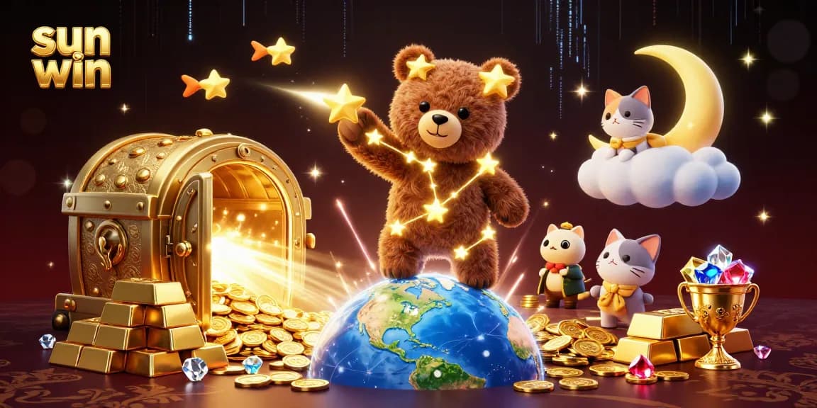 Experience sun win thrills with a stunning constellation bear collecting coins in this dynamic casino illustration.