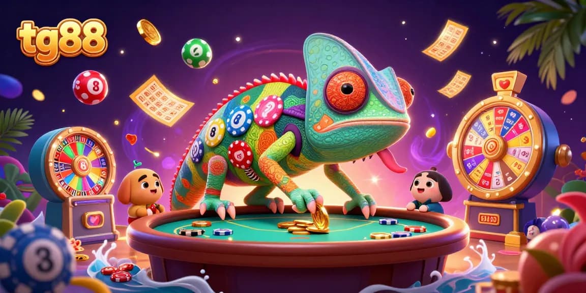 Experience tg88's vibrant casino atmosphere with a colorful chameleon owner amidst lottery elements.