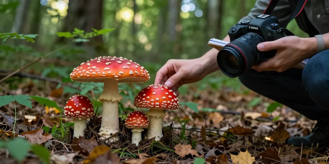 Amanita muscaria kaufen in einer lebhaften Waldszene, die die Schönheit und Details der Pilze hervorhebt.