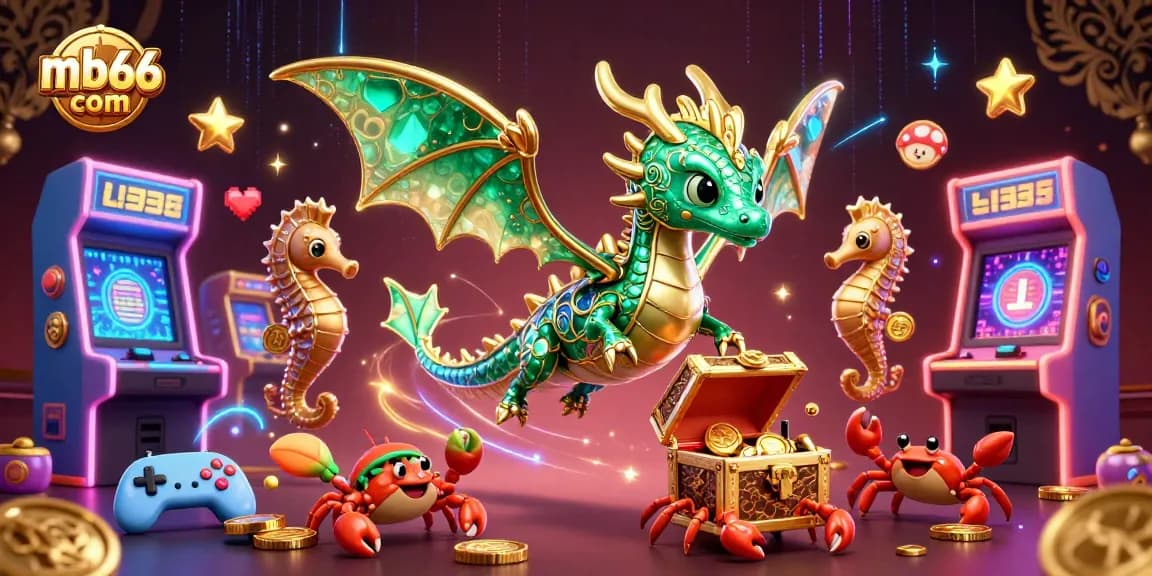 Engage with mb66 com by exploring the vibrant 3D casino scene featuring a sea dragon and treasure.