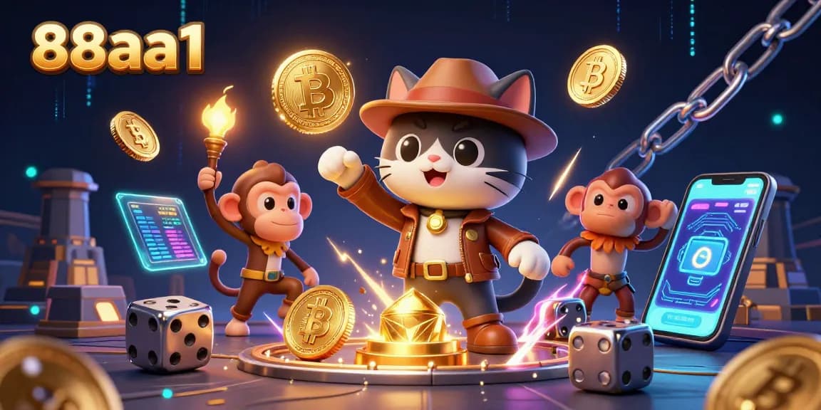 Engage with 88aa1 as a fun-loving cat discovers a golden casino artifact in a vibrant setting.