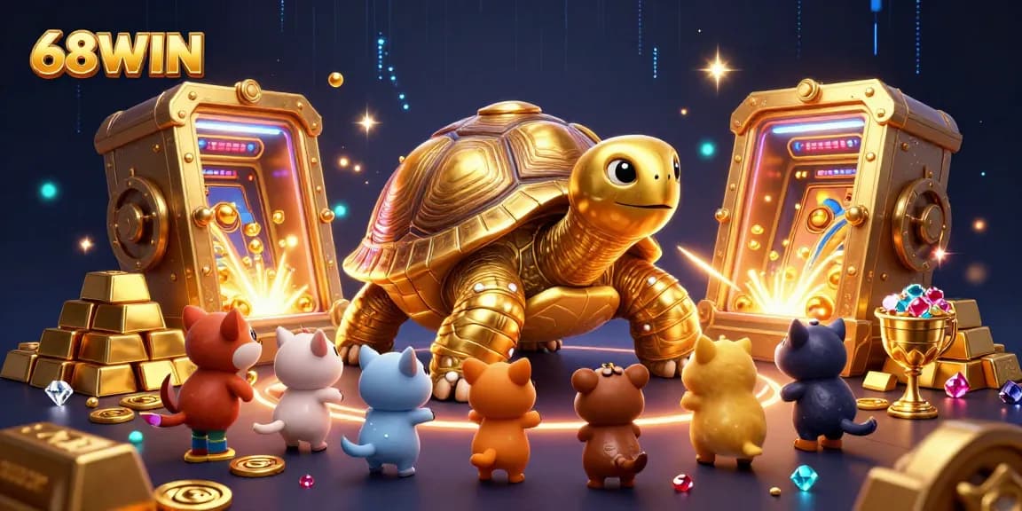 Play captivating games at 68WIN with a colossal tortoise and dazzling treasure in the scene.