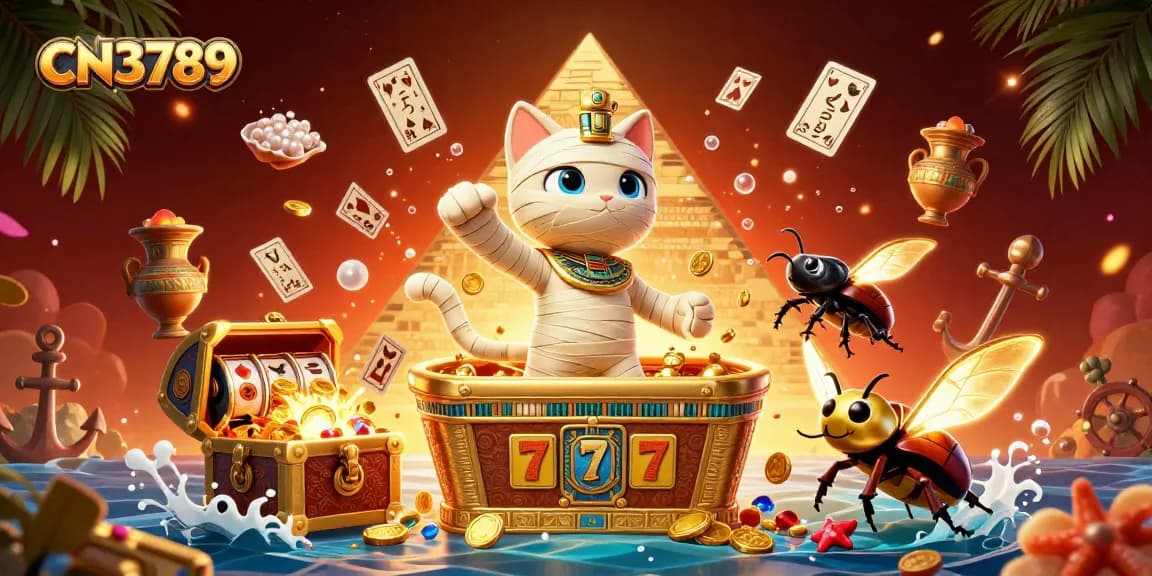 Experience CN3789 with a vibrant scene of an Egyptian mummy cat bursting from a casino sarcophagus, showcasing thrilling slot action.