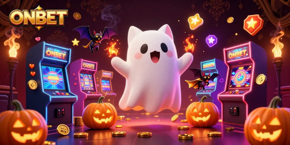Experience thrilling gameplay at ONBET with our vibrant casino illustration featuring a ghost cat and bat.