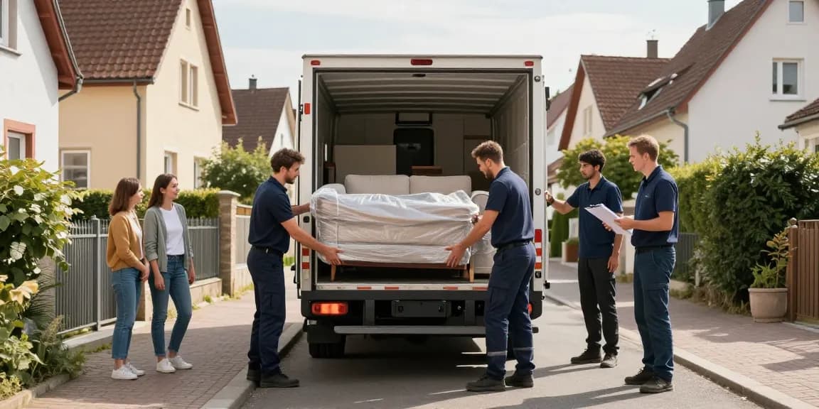 Umzugsunternehmen Schwetzingen: Professionelles Team beim sicheren Beladen eines Umzugswagens in Wohngegend.