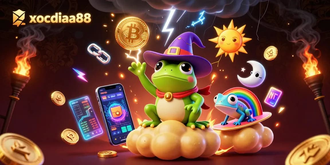Xocdiaa88 unleashes a golden gaming storm, featuring coins and crypto elements in a vibrant casino scene.