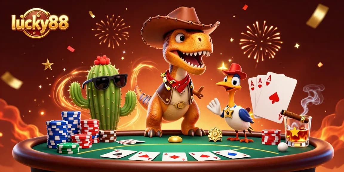 Engage in exciting poker action with lucky88's vibrant 3D dinosaur cowboy scene.