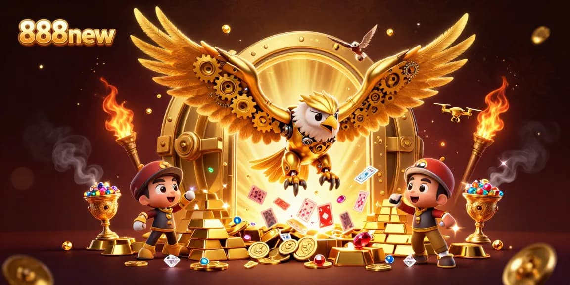Experience thrills with 888new's vibrant gaming adventure showcasing a golden eagle amidst dynamic casino elements.