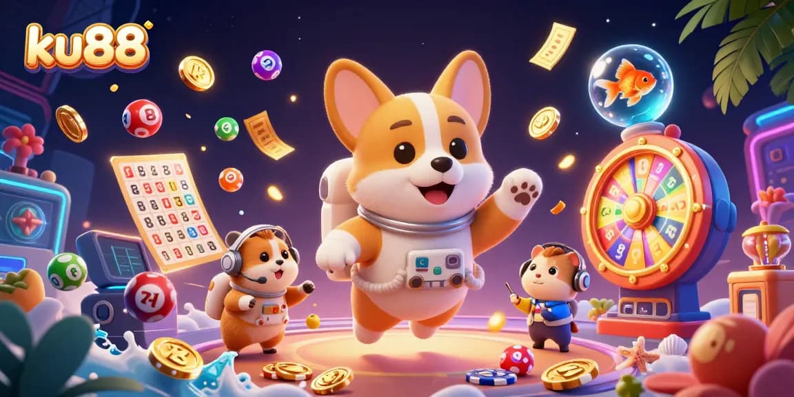 Win big at ku88 with a vibrant space-themed casino illustration packed with gaming action.