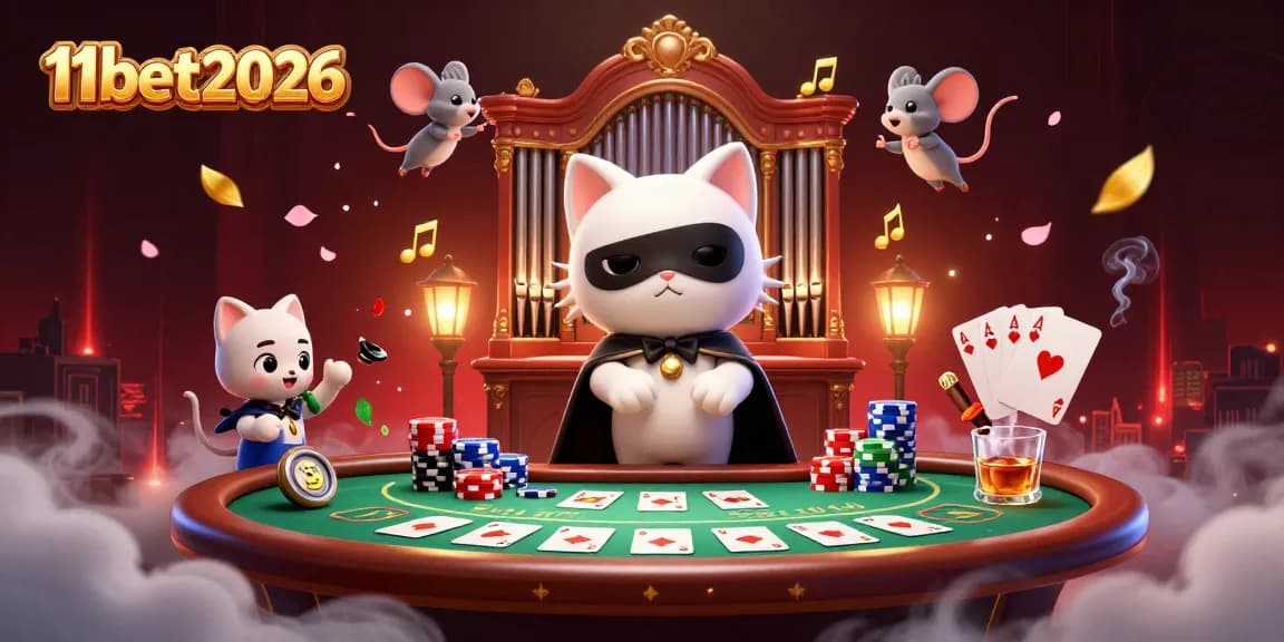Experience the excitement of gambling with 11bet2026 featuring a phantom cat, mouse acrobat, and poker elements in a rich casino scene.