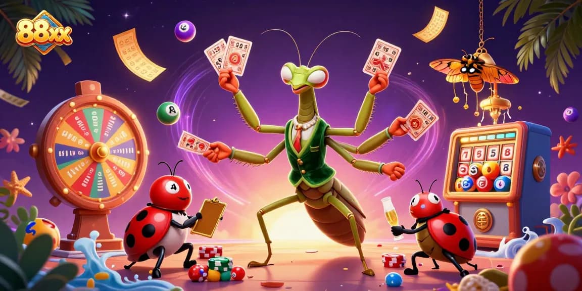 Engage with 88xx's dynamic casino scene featuring a giant mantis card sharp and vibrant lottery elements.