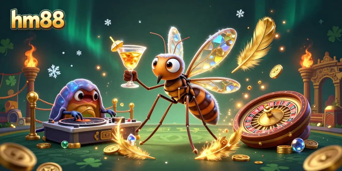 Experience excitement at hm88 with a frozen mosquito casino mascot, trilobite DJ, and roulette wheel.