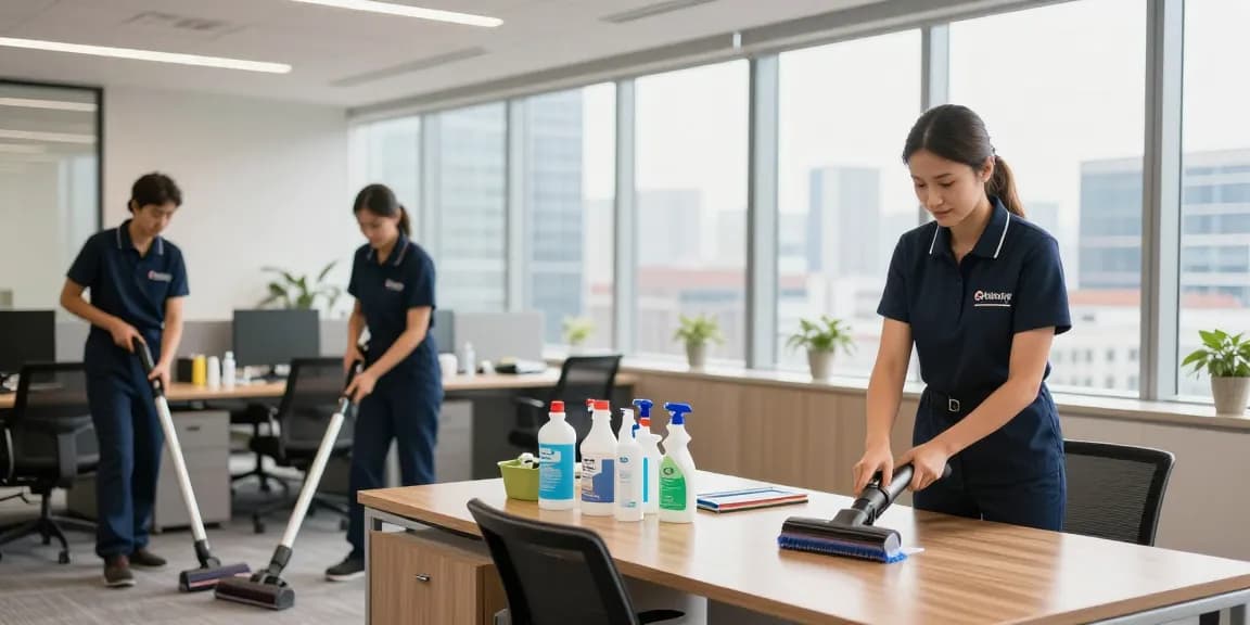 Professionelle Gebäudereinigung Düsseldorf mit geschultem Team in modernem Büro, saubere Umgebung und umweltfreundliche Reinigungsmittel.