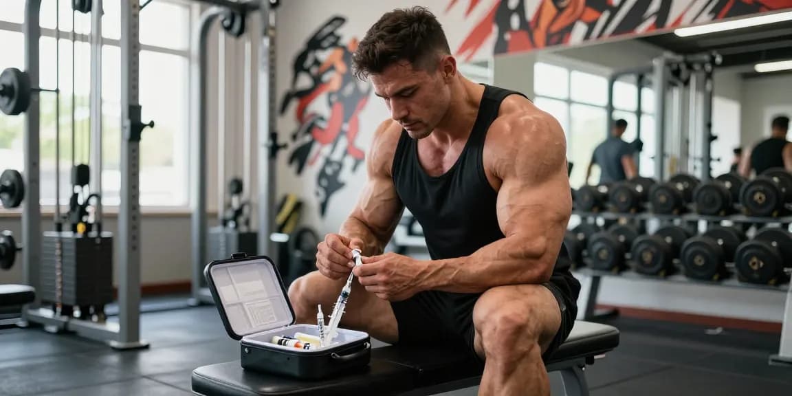 Anabolika Shop: Bodybuilder bereitet injizierbare Steroide in einem Fitnessstudio vor, zeigt ernsthafte Hingabe und Trainingsumfeld.