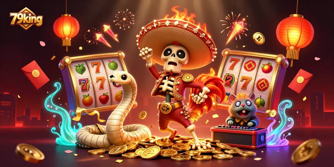Engage with 79king's vibrant casino scene featuring a mariachi rooster, mummy snake, and DJ hamster.