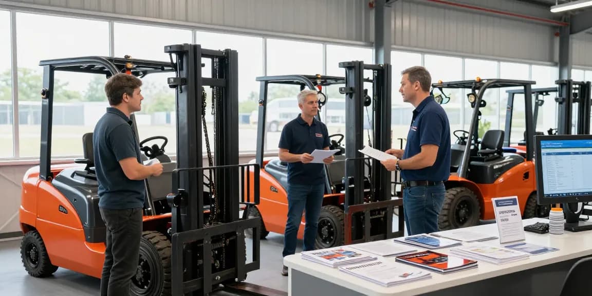 Gebrauchte Still Gabelstapler, die in einem industriellen Showroom präsentiert werden, wobei verschiedene Modelle und aufmerksame Kundeninteraktionen hervorgehoben werden.