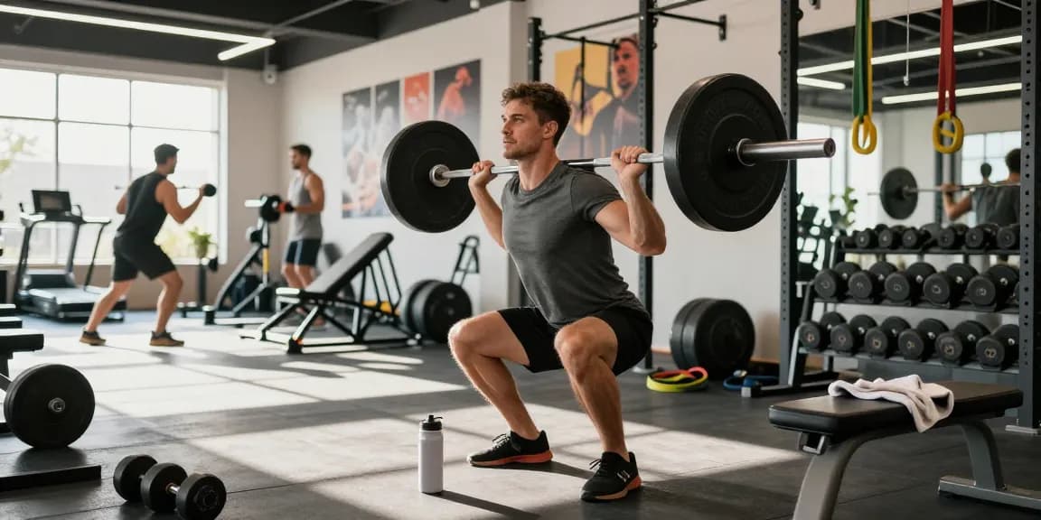 Prime Pharma Steroide verbessern die Trainingsleistung und zeigen einen Athleten in einer hellen Turnhalle beim Squatten.