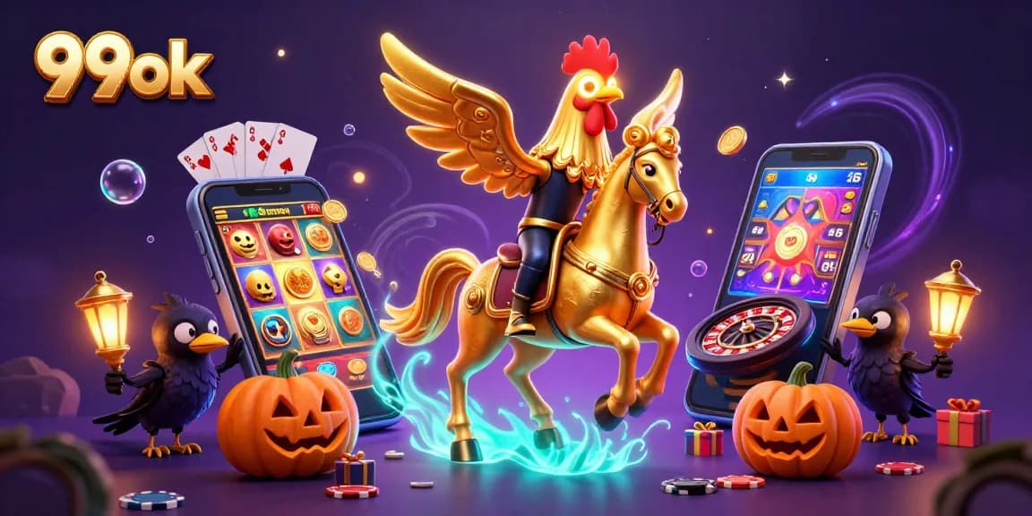 Experience the thrill of 99ok in a vibrant casino scene with golden rooster and glowing slot games.
