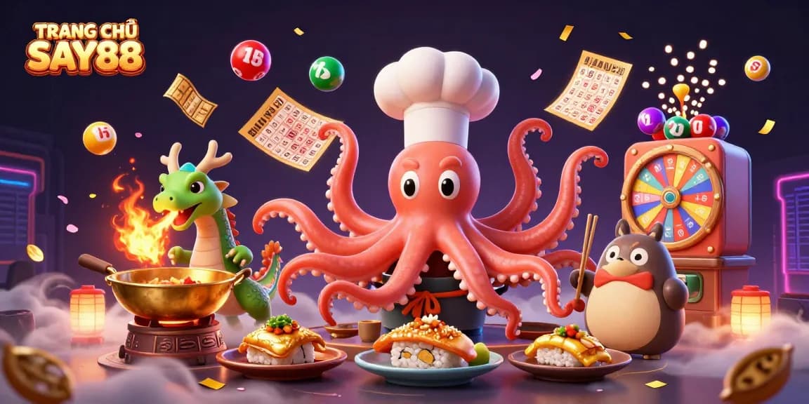 Engage with TRANG CHỦ SAY88, featuring a vibrant illustration of a sushi chef octopus and gaming elements.