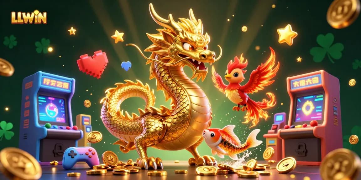 Experience the thrill of LLWIN with a fierce dragon, phoenix, and koi fish in vibrant casino glory.