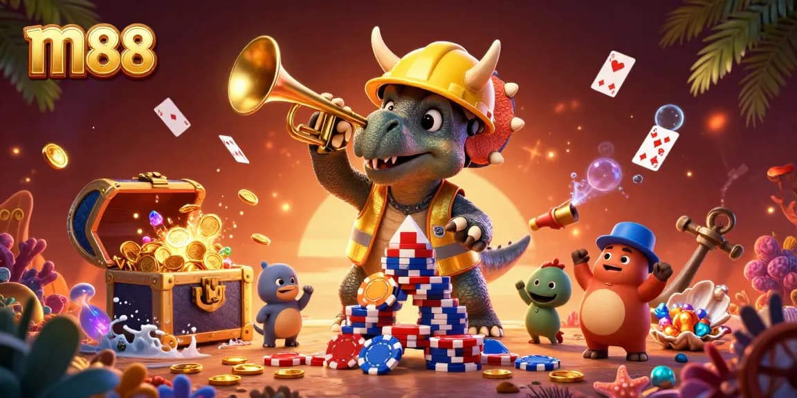 Experience thrilling m88 action with a vibrant 3D scene of triceratops celebrating wins in a casino.