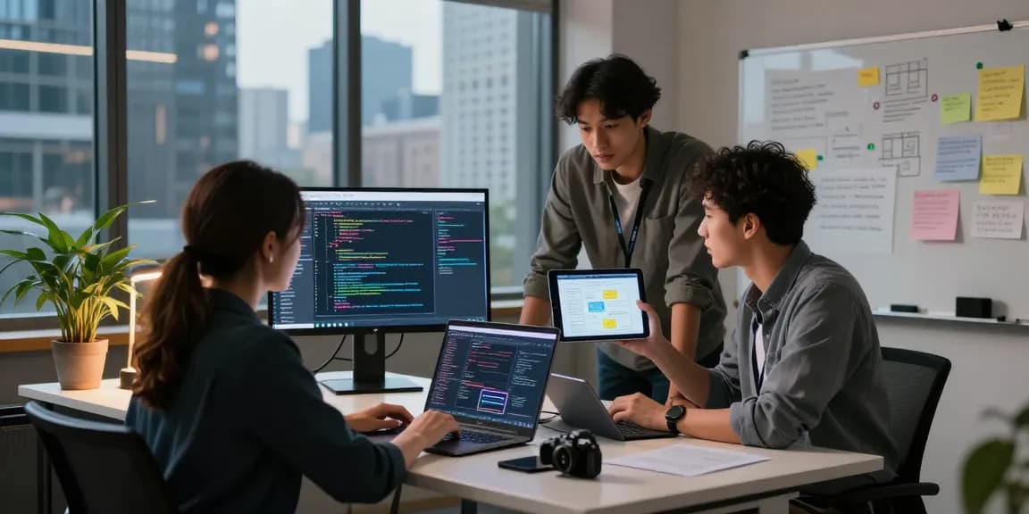 Build internal tools with AI in a collaborative tech workspace, highlighting innovation and teamwork.