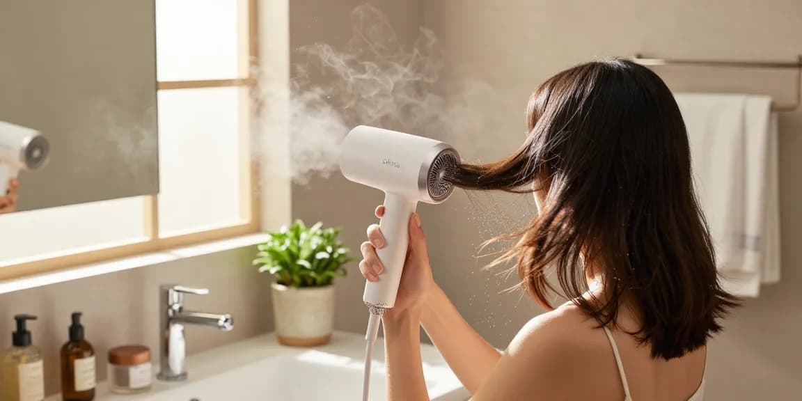 Laifen Föhn in Verwendung, stilvolle Haartrocknung in einem modernen Badezimmer mit eleganten Beauty-Produkten.