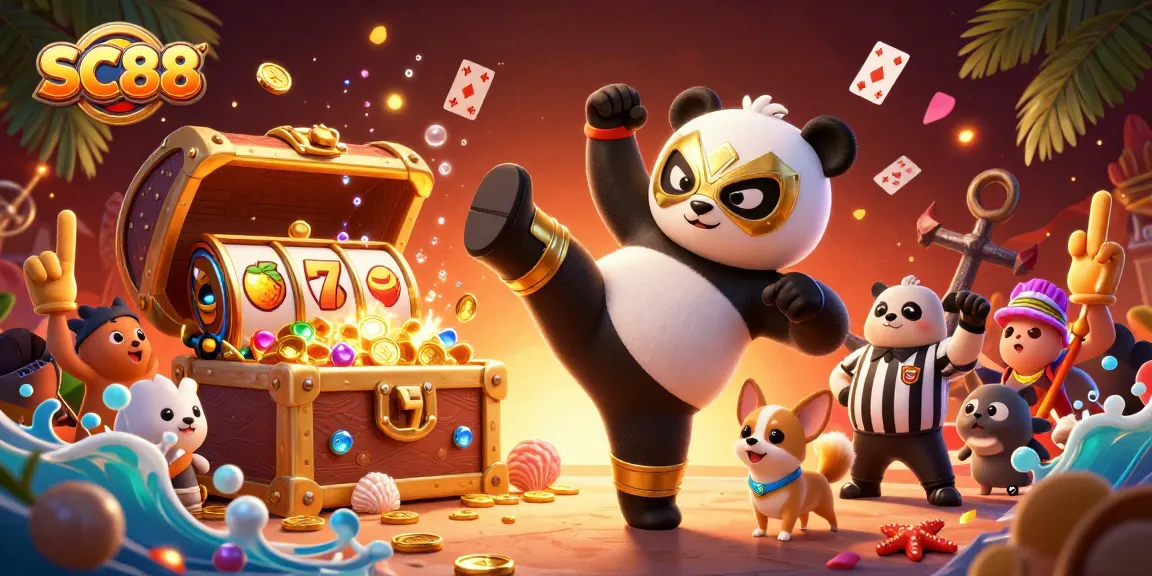 Experience SC88 excitement with a panda wrestler in action amidst slot game symbols and vibrant casino atmosphere.