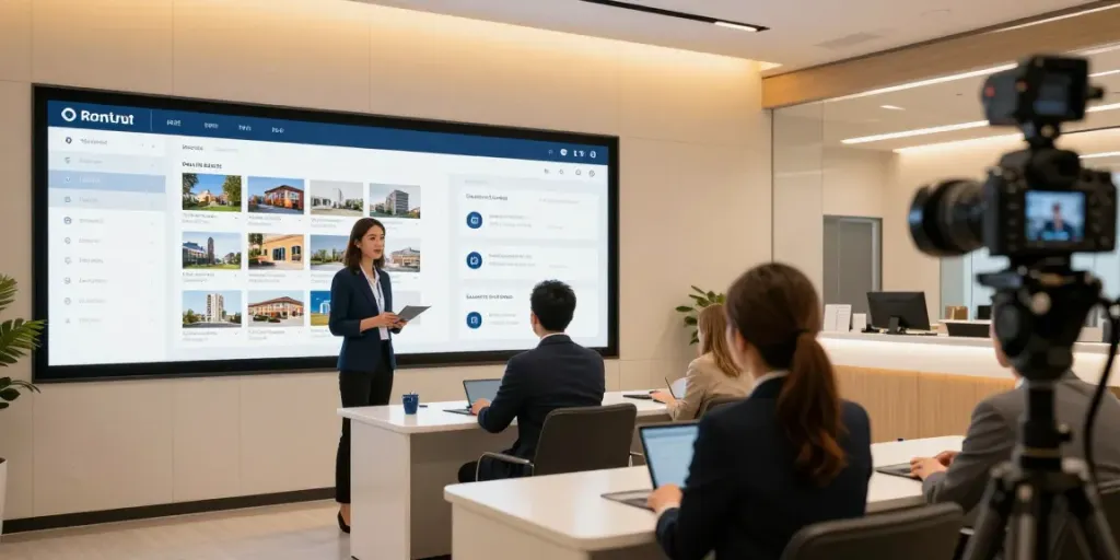 Immobilien Frankfurt: Modernes Immobilienbüro mit interaktiven digitalen Oberflächen und beruflichen Beratungen.