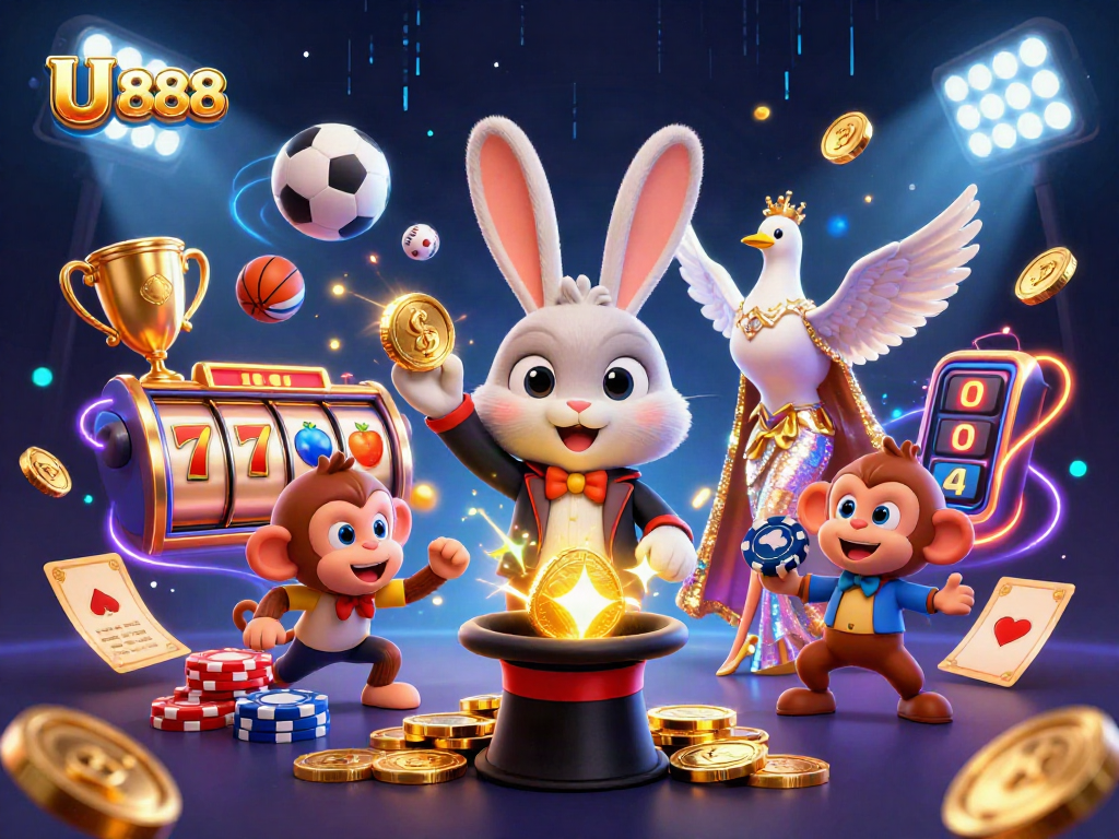 Experience the magic of U 888 with a dynamic illustration of a magician rabbit pulling wins from a top hat.