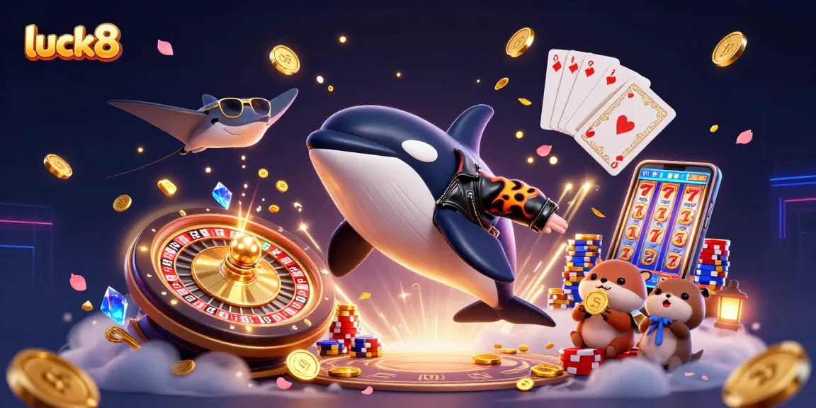 Experience excitement with luck8 as otters float holding coins amidst a vibrant casino scene.