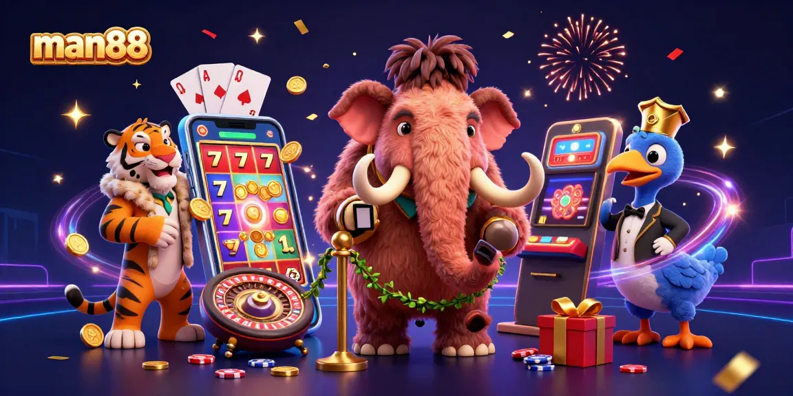 Experience the excitement of man88 as a woolly mammoth bouncer welcomes VIPs to a dynamic casino scene.