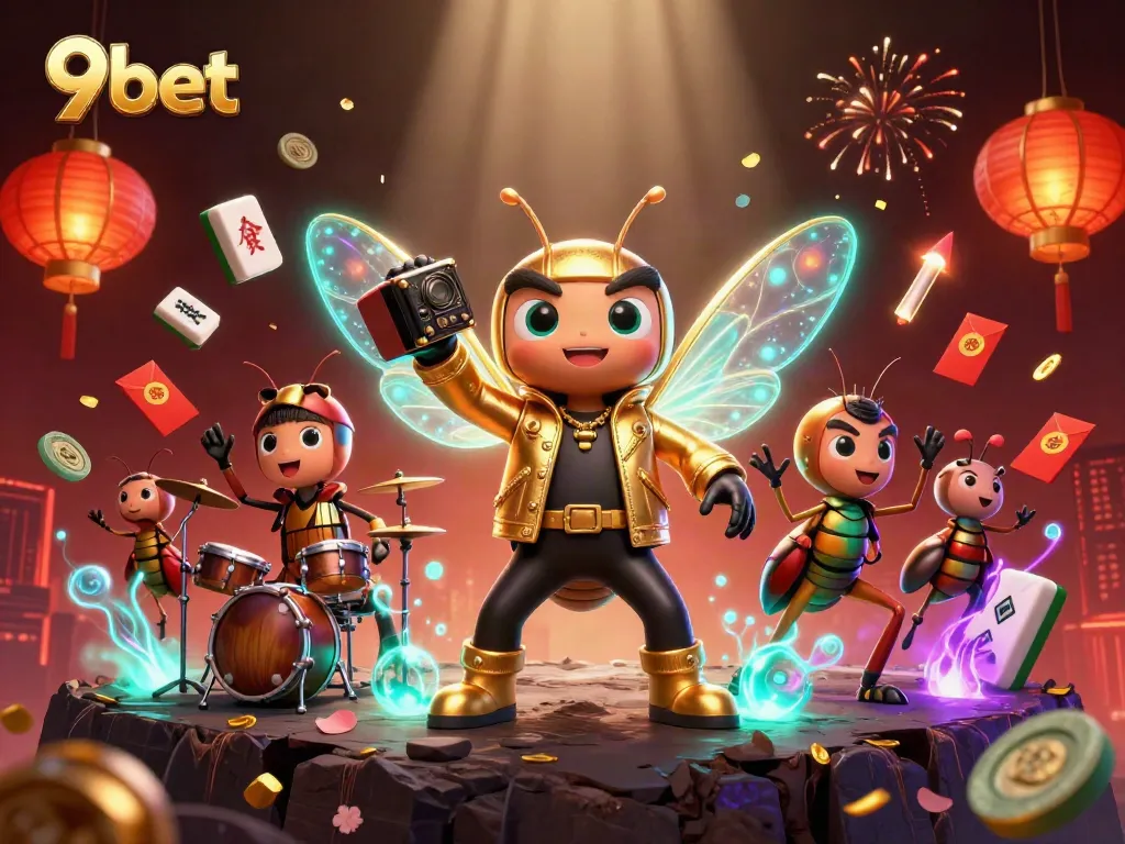Experience the vibrant world of 9bet with a rocking cicada star amidst dynamic gambling elements.