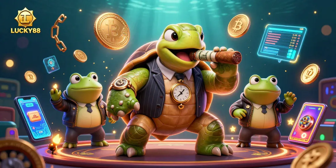 Experience LUCKY88: a dynamic casino scene with a snapping turtle and frog enforcers amidst neon crypto coins.