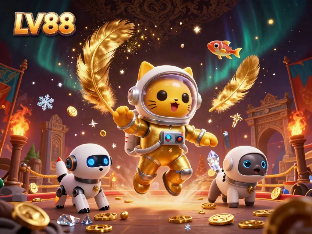Experience exciting gameplay at LV88 with a detailed 3D illustration featuring a space cat and robot dog.
