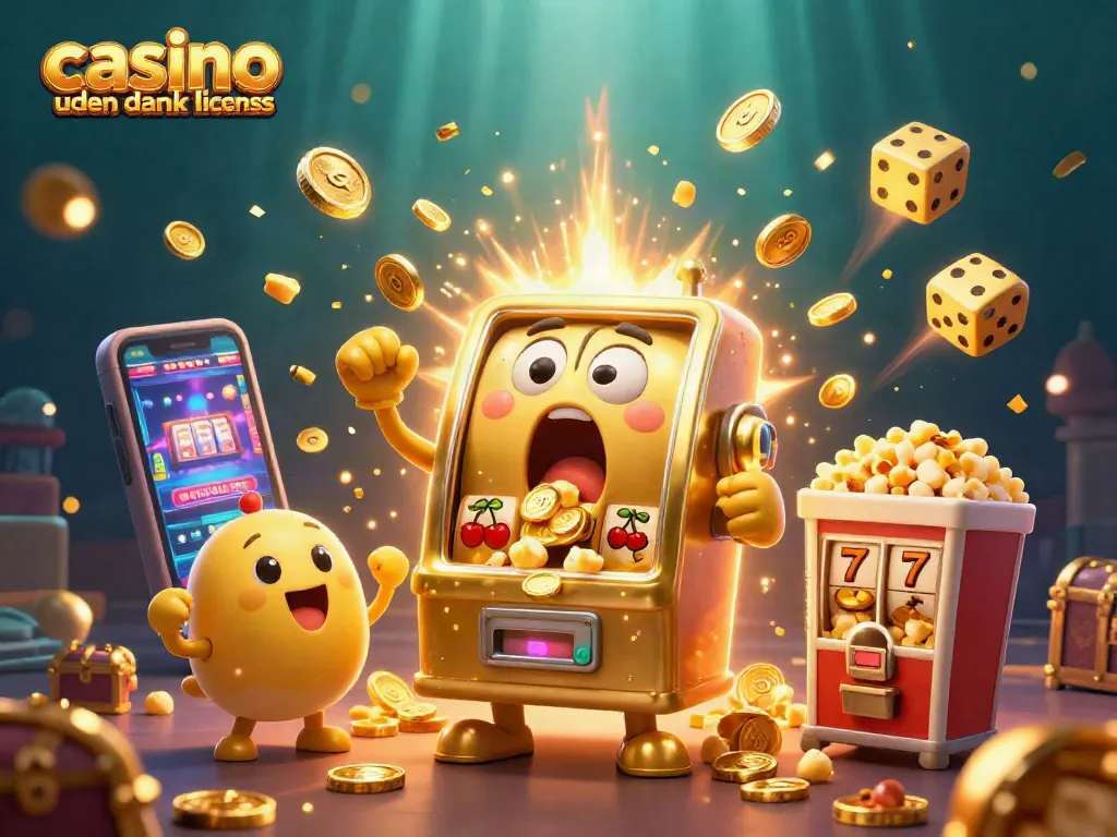 Exciting scene showcasing casino uden dansk licens with a shocked golden slot machine hitting a jackpot.