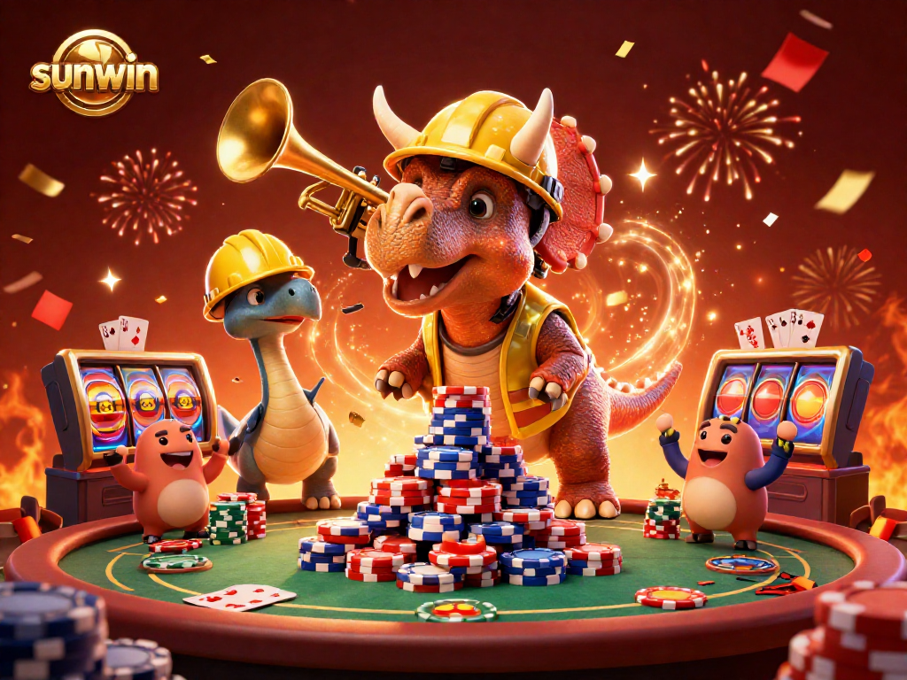 Engage in thrilling gameplay with sunwin as a triceratops builds poker chip pyramids celebrating wins.