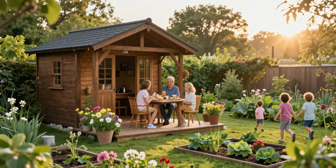 Ein Gartenhaus in einem blühenden Garten mit einer Familie bei Frühstück im Freien.