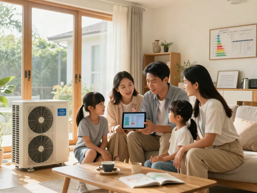 Familie diskutiert Wärmepumpe Kosten in modernem Wohnzimmer mit natürlichem Licht.