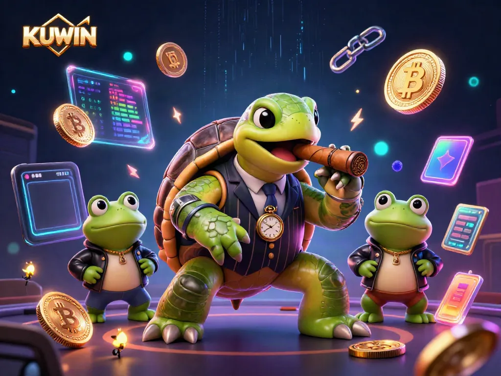 Experience thrilling gameplay with KUWIN, where the cartoon turtle flaunts wealth amidst vibrant casino lights.