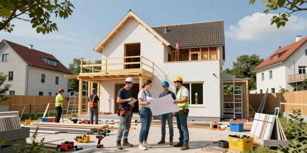 Haus Bauen Wien: Bauarbeiterteam bei der Errichtung eines modernen Einfamilienhauses in Wien, umgeben von Werkzeugen und Bauplänen.