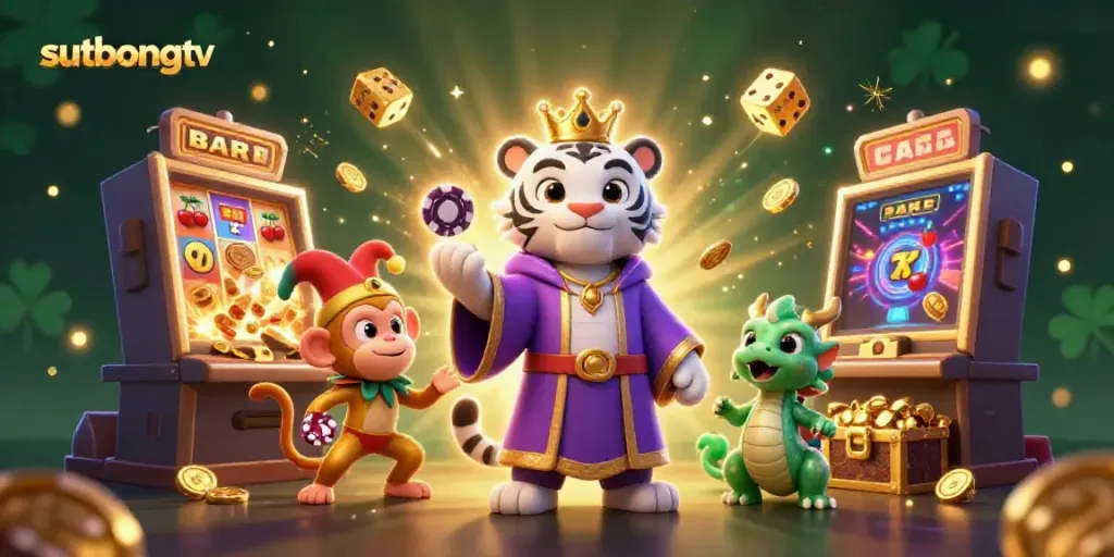 Engage with sutbongtv's thrilling casino vibe featuring a regal tiger and playful monkey amidst jackpots.