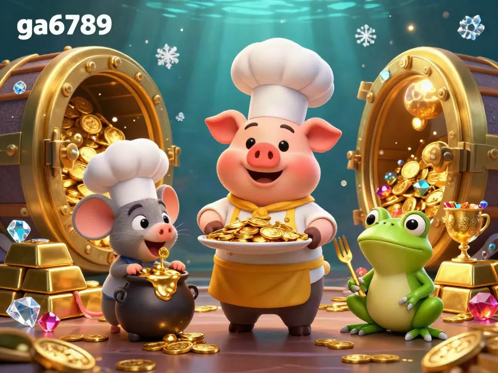 Engage in thrilling cockfighting with ga6789 as cartoon characters serve golden winnings in an enchanting casino.