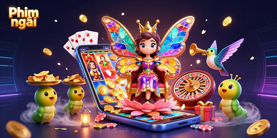 Spin vibrant slot reels with Phim mới highlighting a royal butterfly queen in a casino wonderland.