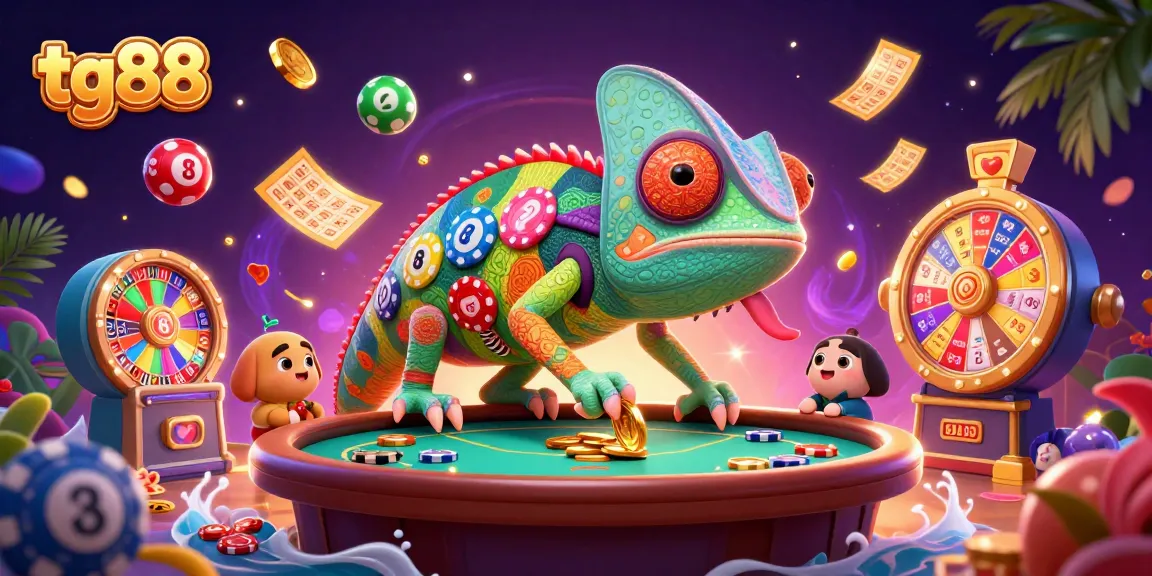 Experience tg88's vibrant casino atmosphere with a colorful chameleon owner amidst lottery elements.