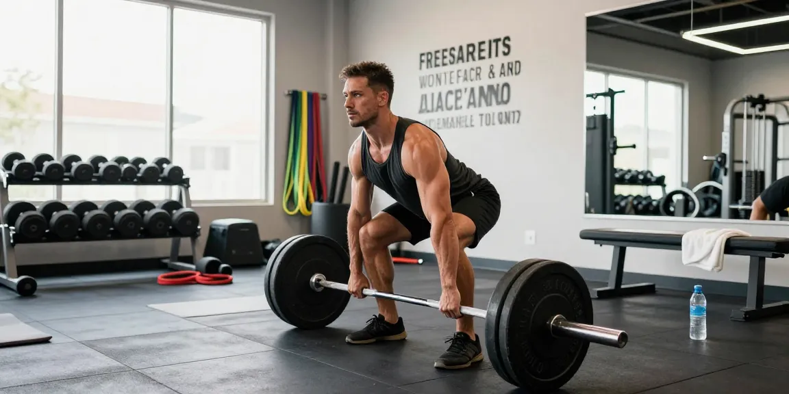 Anabolika Shop fitness scene featuring a dedicated bodybuilder performing deadlifts in a bright gym, showcasing strength and determination.