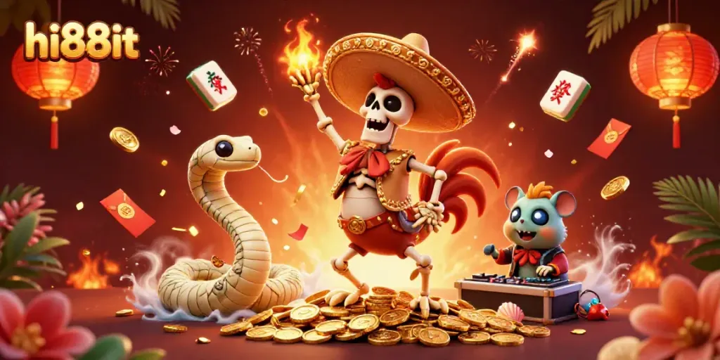 Engaging scene showing hi88it characters celebrating a jackpot, featuring a mariachi rooster, a mummy snake, and a DJ hamster.