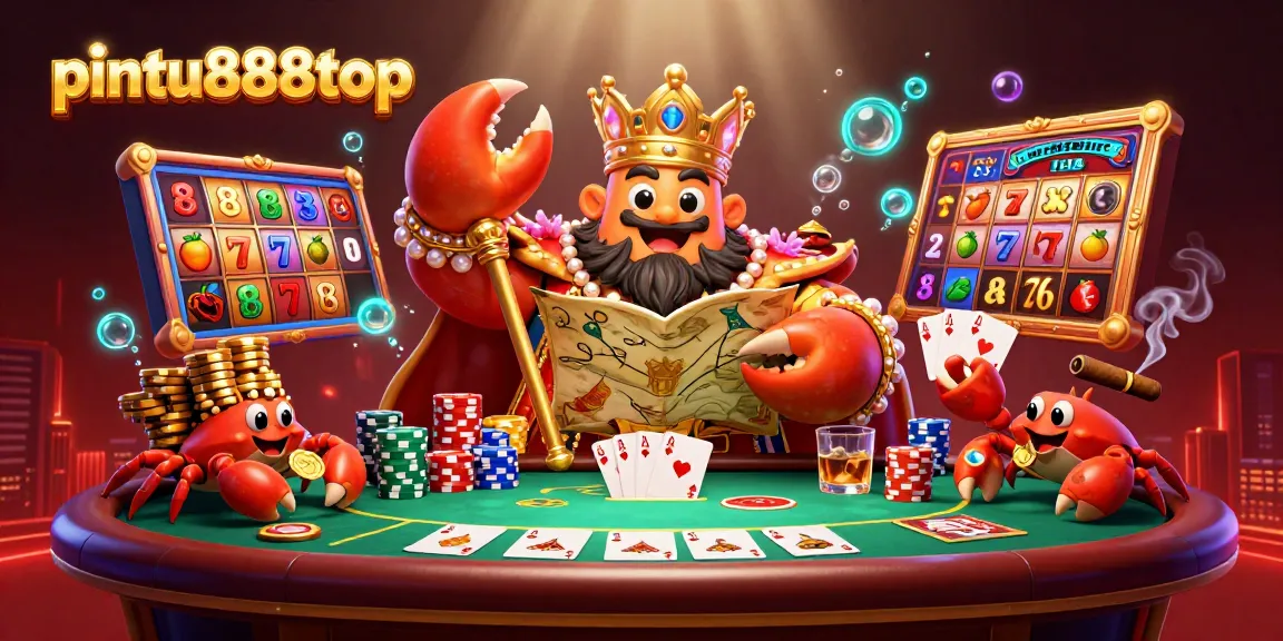 Experience thrilling wins at pintu888top with vibrant slot reels, poker excitement, and lavish crab-themed imagery.