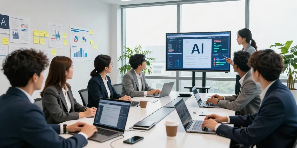A diverse team collaborating on AI for business strategies in a modern office.